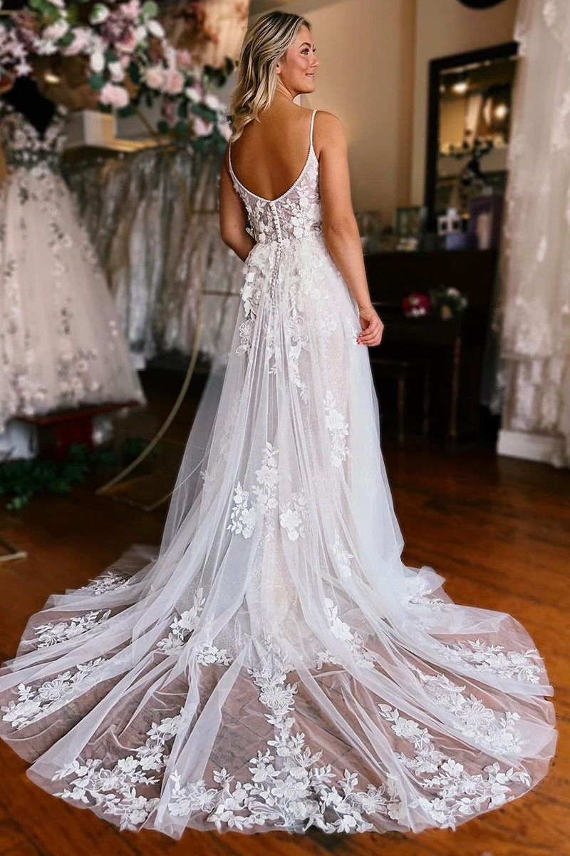 A-Line V Neck White Tulle Wedding Dresses Gown with Appliques HS736