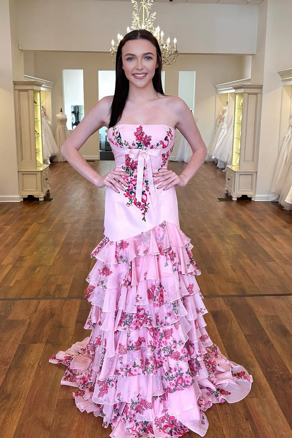 Mermaid Strapless Pink Floral Printed Ruffle Tiered Long Prom Dress Gown with Slit LF1309