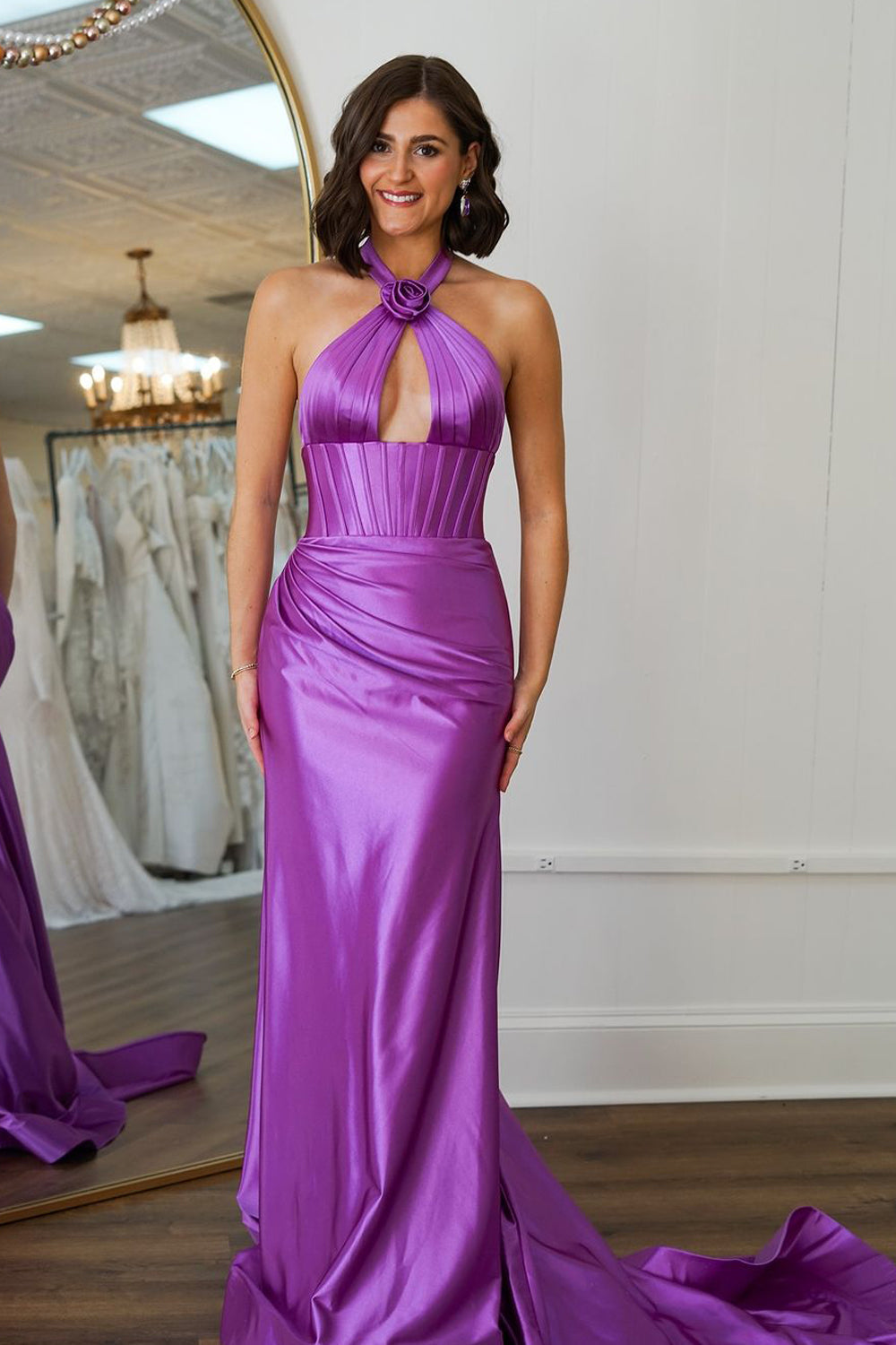 Chic Mermaid Halter Purple Satin Long Prom Dress Gown LF1256