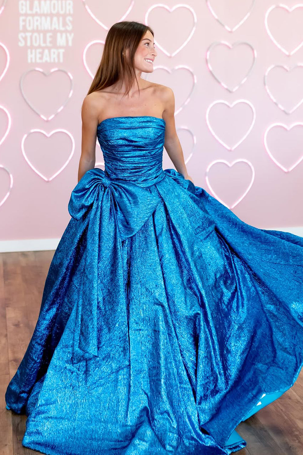 Ball Gown Strapless Blue Organza Long Prom Dress Gown with Bowknot LF1284