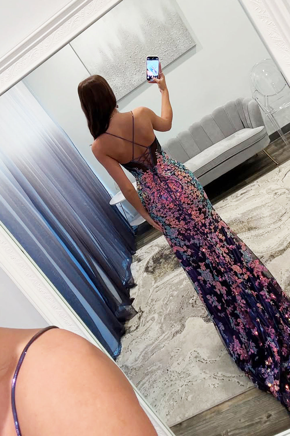 Mermaid Spaghetti Straps Sequin Lace Long Prom Dress Gown with Slit LF1201