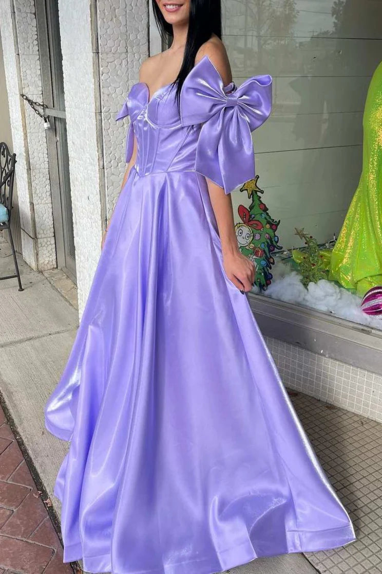 Fairy Ball Gown Off the Shoulder Pink Satin Prom Dress Gown with Bow LF1206