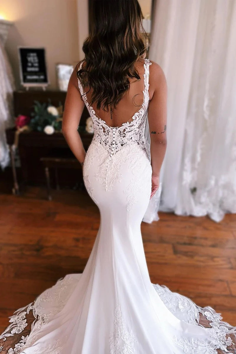 Fashion Mermaid V Neck Elastic Satin Long Wedding Dresses/Gowns with Appliques HS240100507