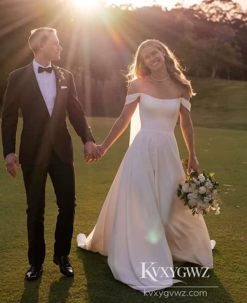Modern Off-Shoulder Satin A-Line Wedding Dress with High Slit for a Chic Bridal Gown HS464