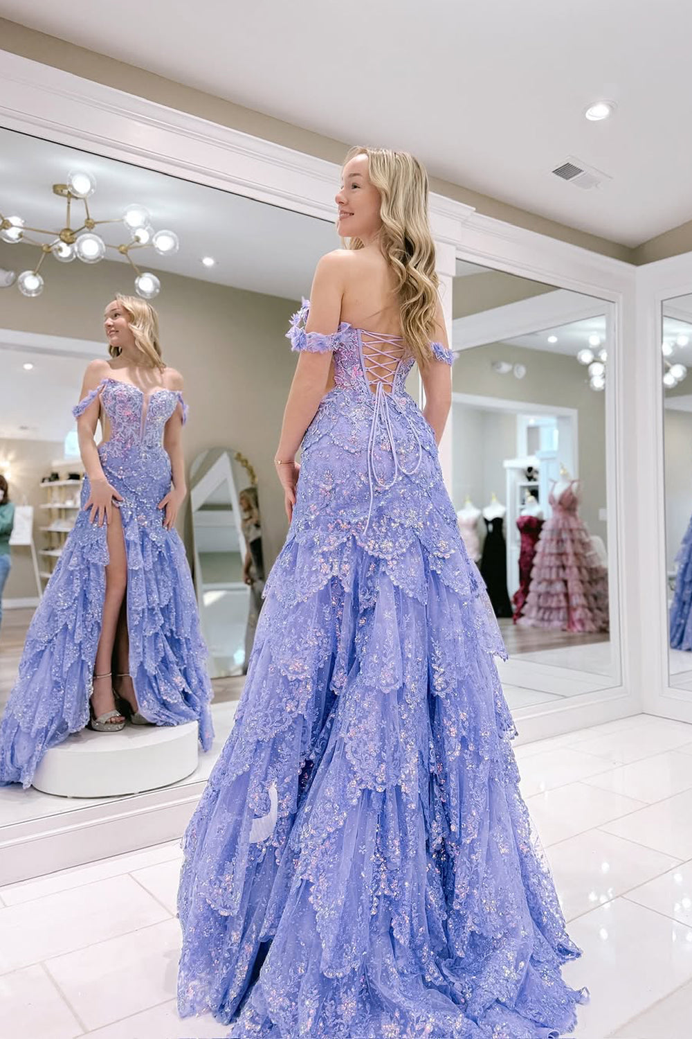 A-Line Off the Shoulder Lavender Sequin Lace Ruffle Tiered Long Prom Dress Gown with Slit LF1300