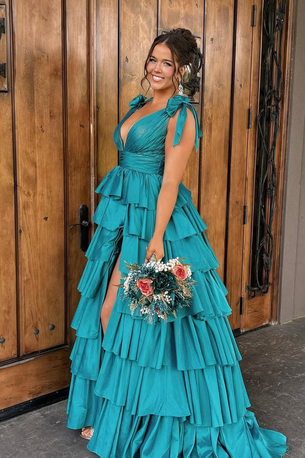 Stunging A Line V Neck Peacock Blue Taffeta Tiered Prom Dress Gown with Slit LF1385