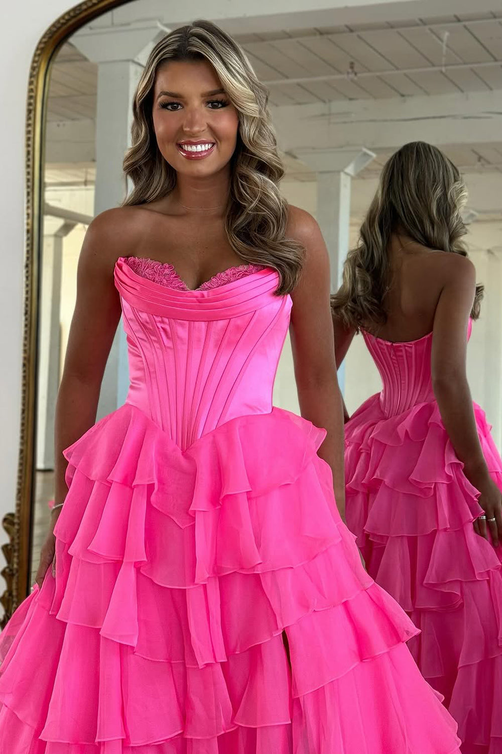 A-Line Strapless Lilac Ruffle Tiered Long Prom Dress Gown with Slit LF1346