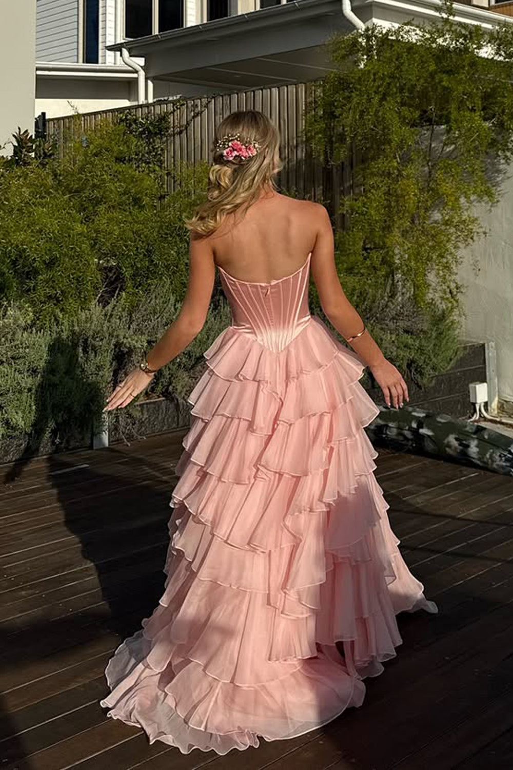 Stunging A Line Sweetheart Blush Pink Tiered Chiffon Prom Dress Gown with Slit LF1333