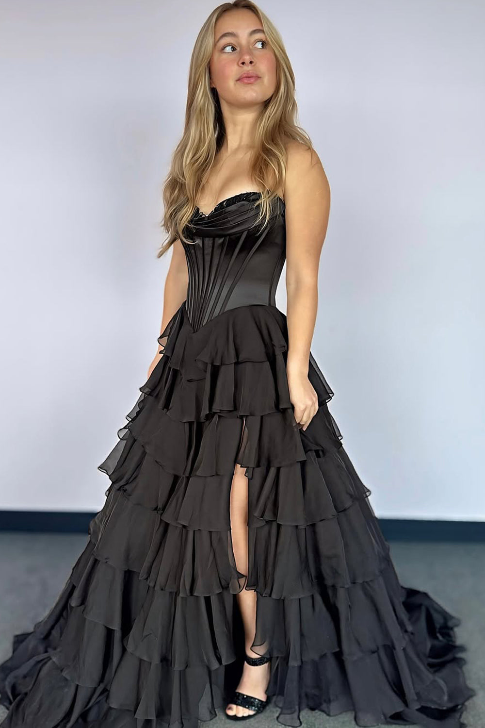 A-Line Strapless Ruffle Tiered Long Prom Dress Gown with Slit LF1374