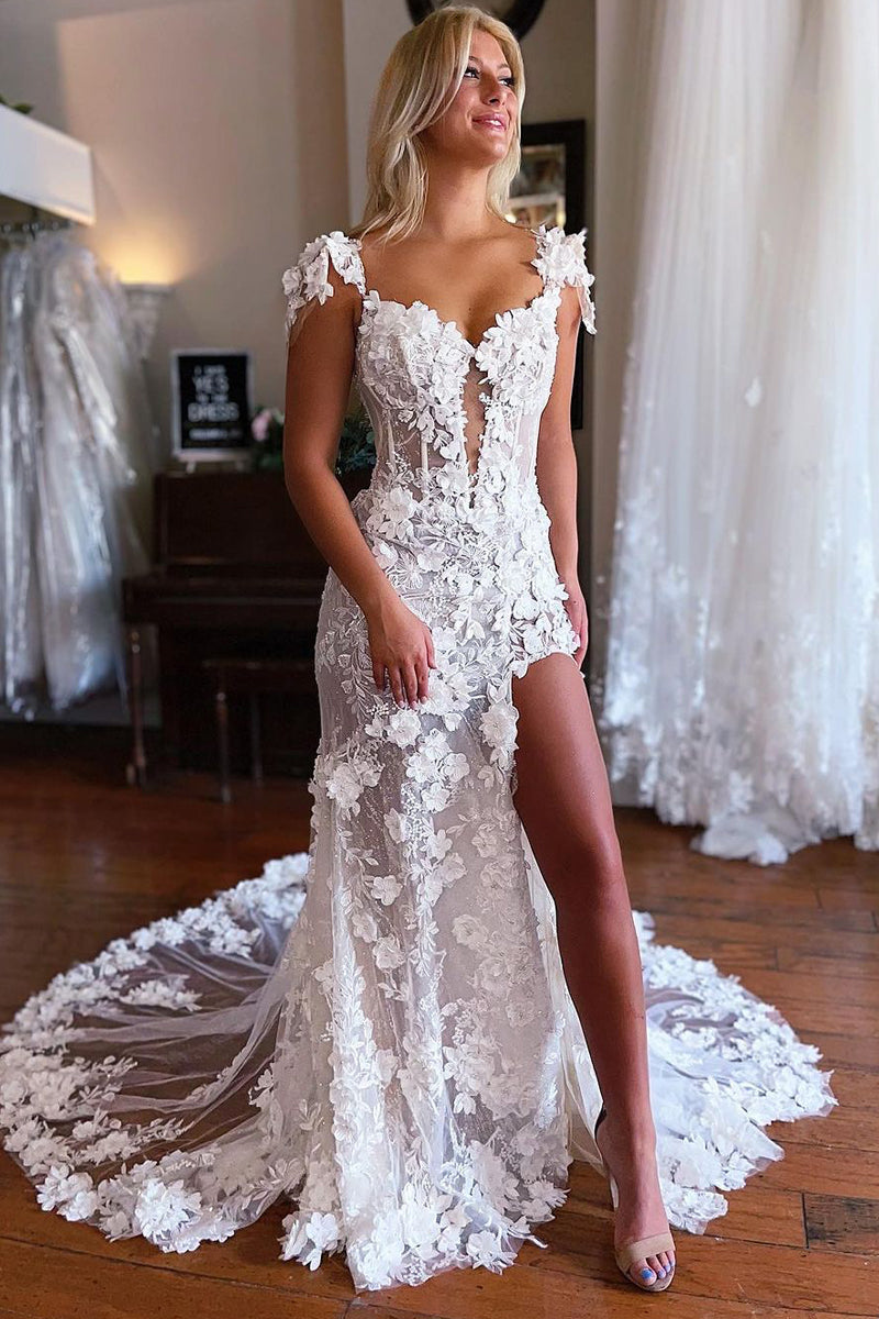 Glamorous Mermaid Sweetheart White Wedding Dresses Gown with Flower Appliques HS673