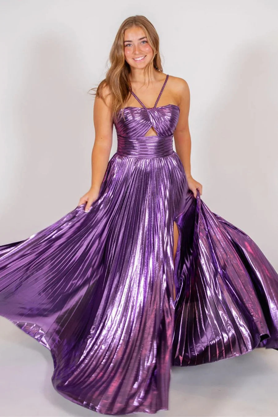 Glamorous A Line Staps Conspicuous Satin Long Prom Dress Gown with Slit LF1366