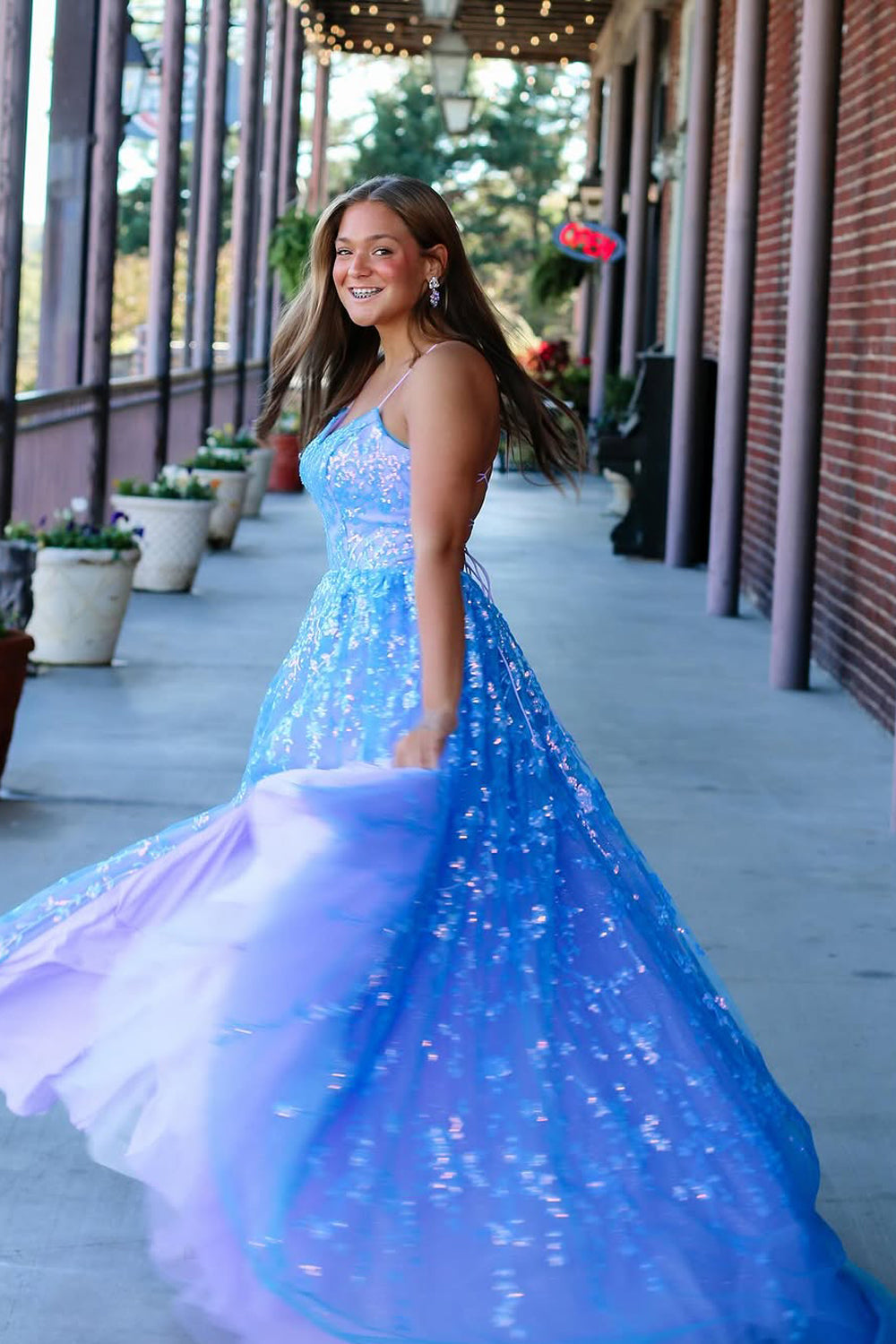 Stunging A Line Straps Light Blue Sequins Prom Dress Gown LF1289
