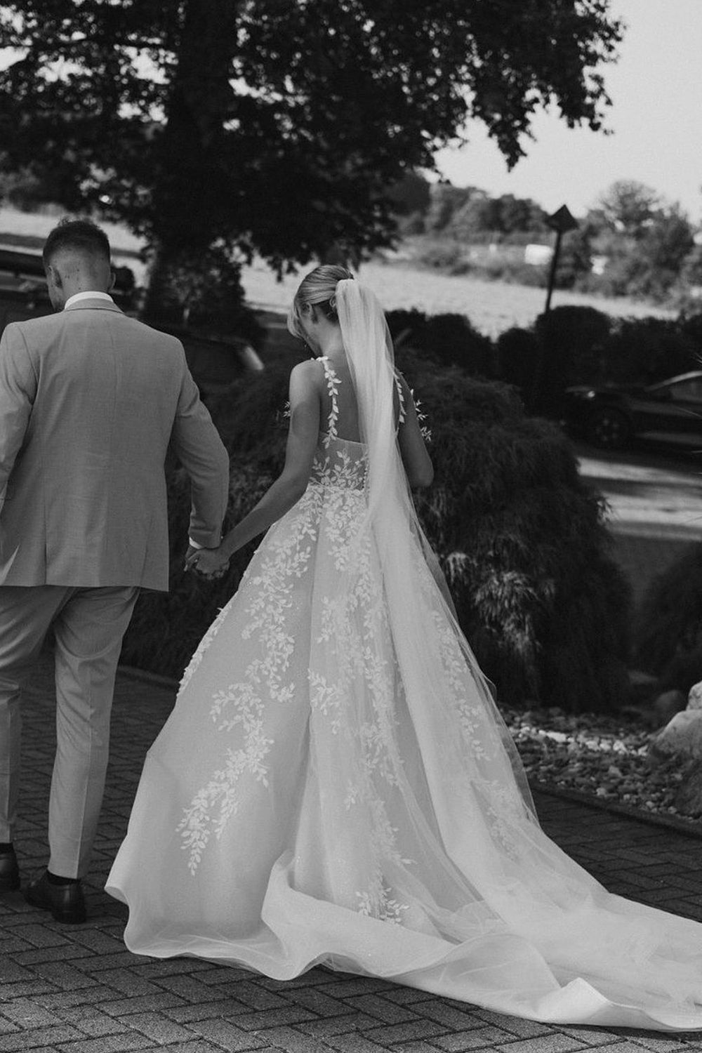 Pastoral Style A Line Boat Neck Satin Long Wedding Dresses Gown with Appliques HS899