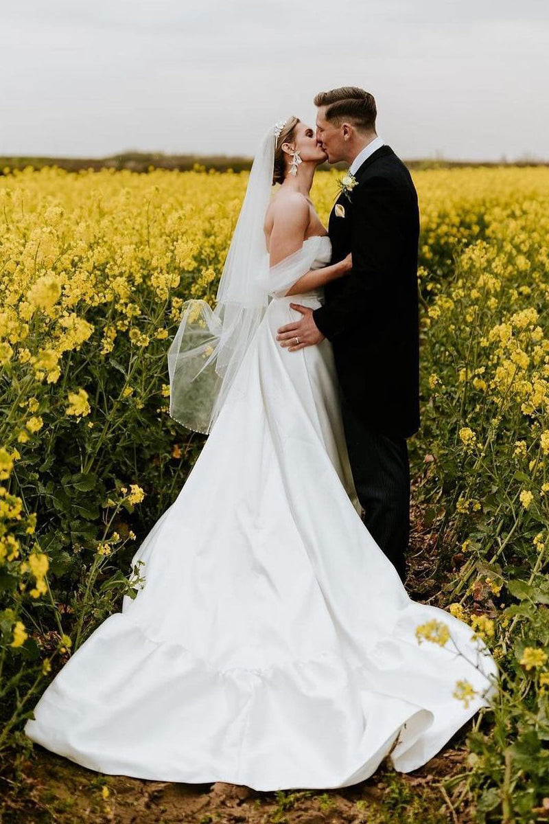 A-Line White Satin Off the Shoulder Wedding Dresses Gown HS733