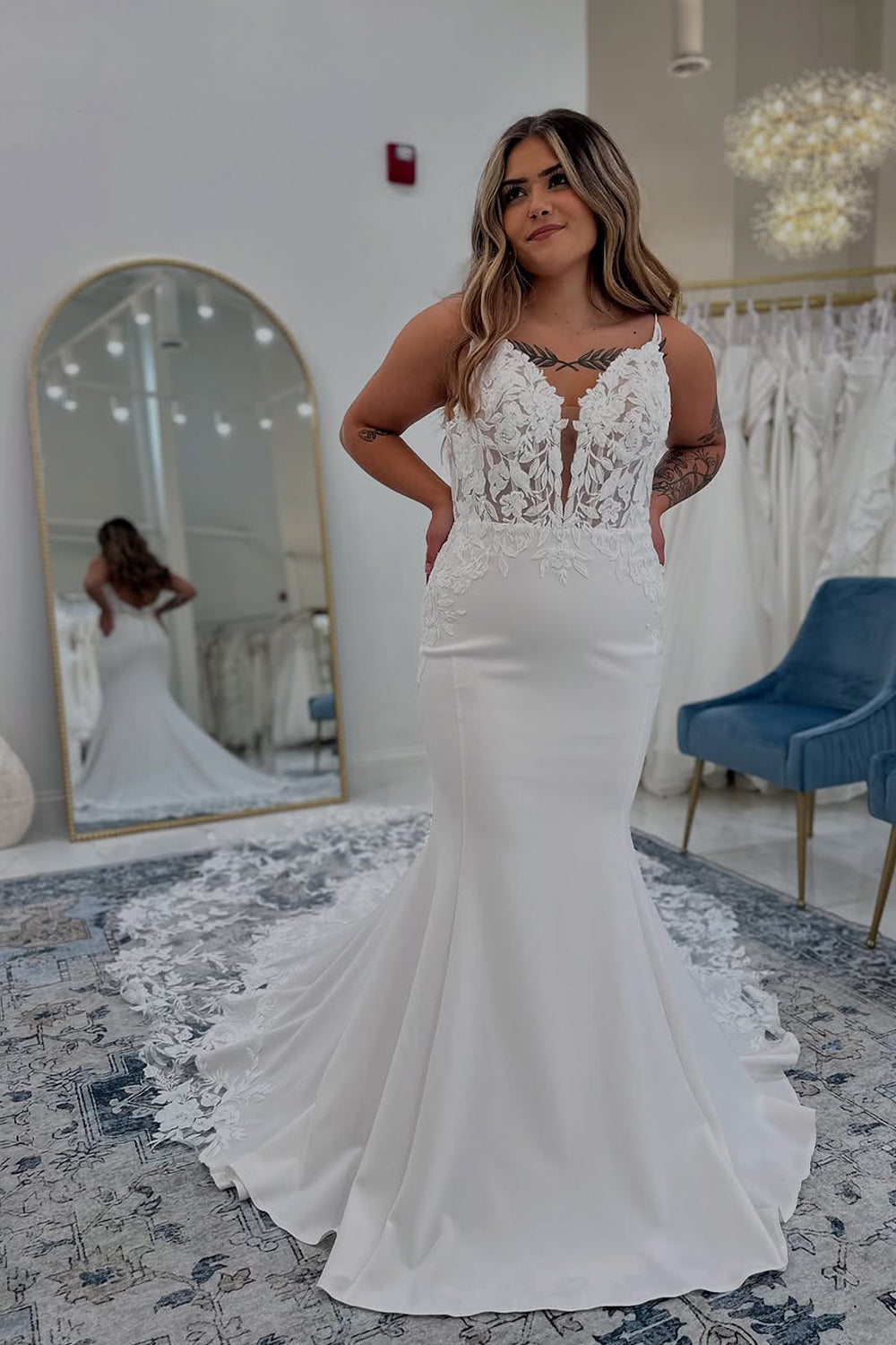 Mermaid V Neck White Satin Lace Wedding Dresses Gown with Train HS816