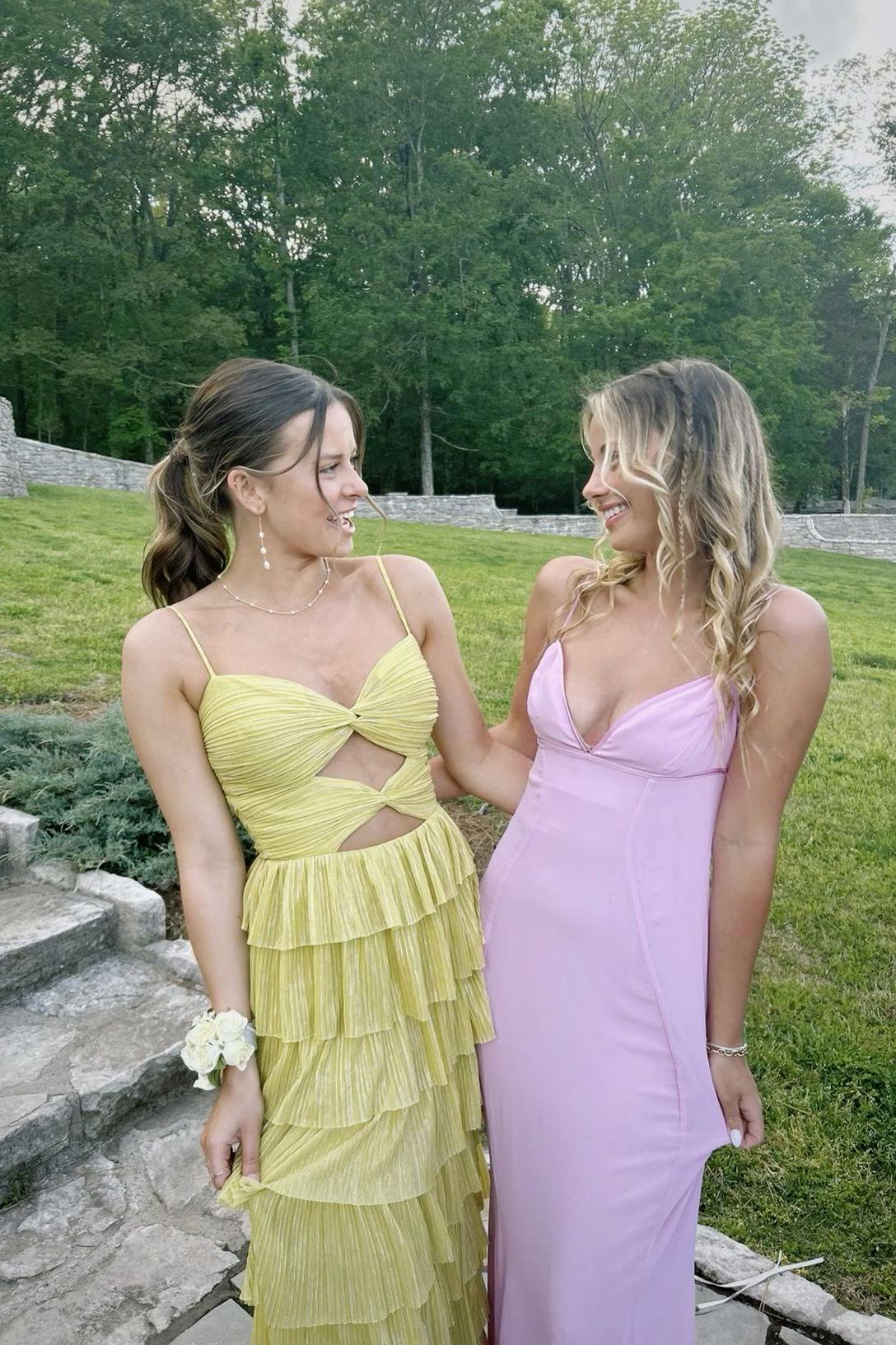 Stunging A Line Sweetheart Yellow Tiered Chiffon Long Prom Dress Gown