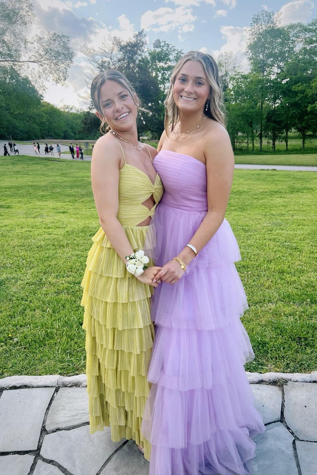 Stunging A Line Sweetheart Yellow Tiered Chiffon Long Prom Dress Gown