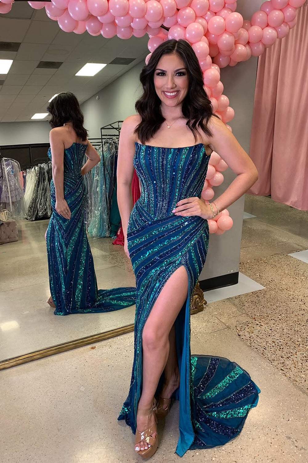 Mermaid Strapless Blue Sequins Long Prom Dress Gown with Slit LF1324