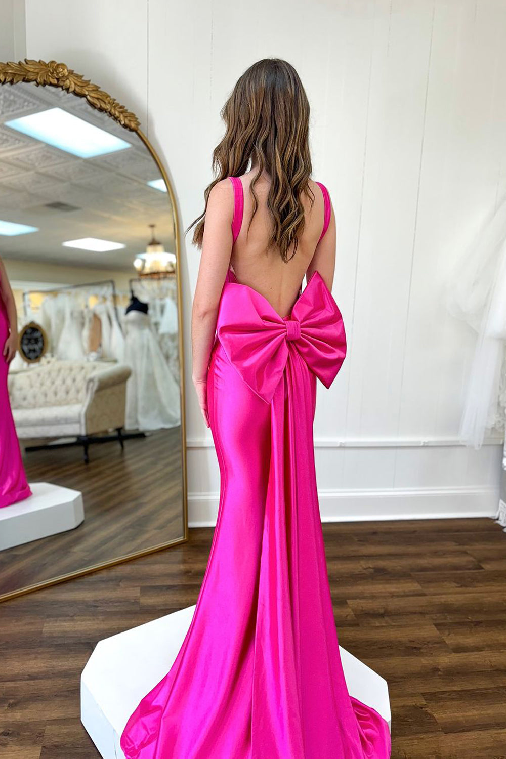 Stunging Mermaid Fuchsia Satin Long Prom Dress Gown with Big Bow LF1325