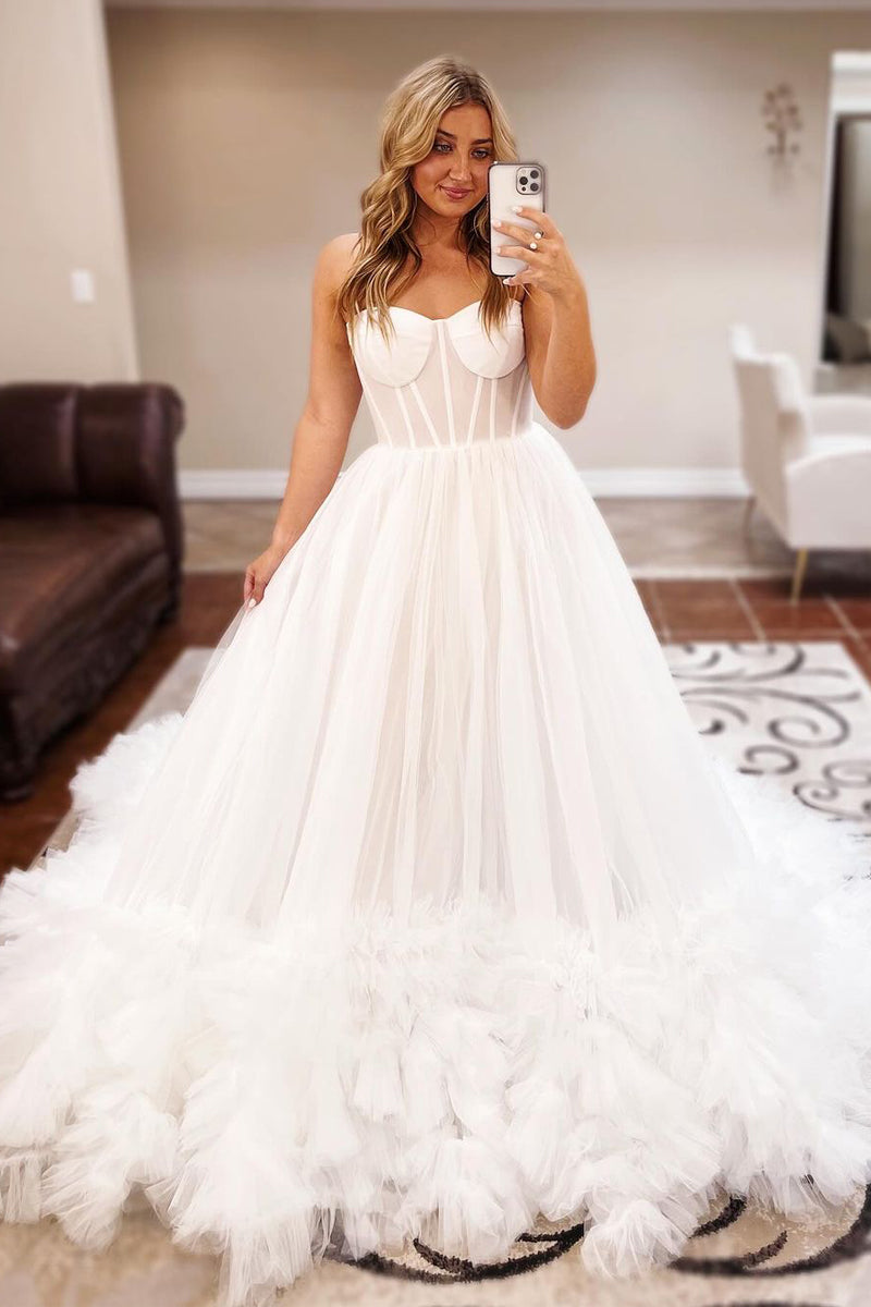A-Line Off the Shoulder White Tulle Wedding Dresses Gown HS838