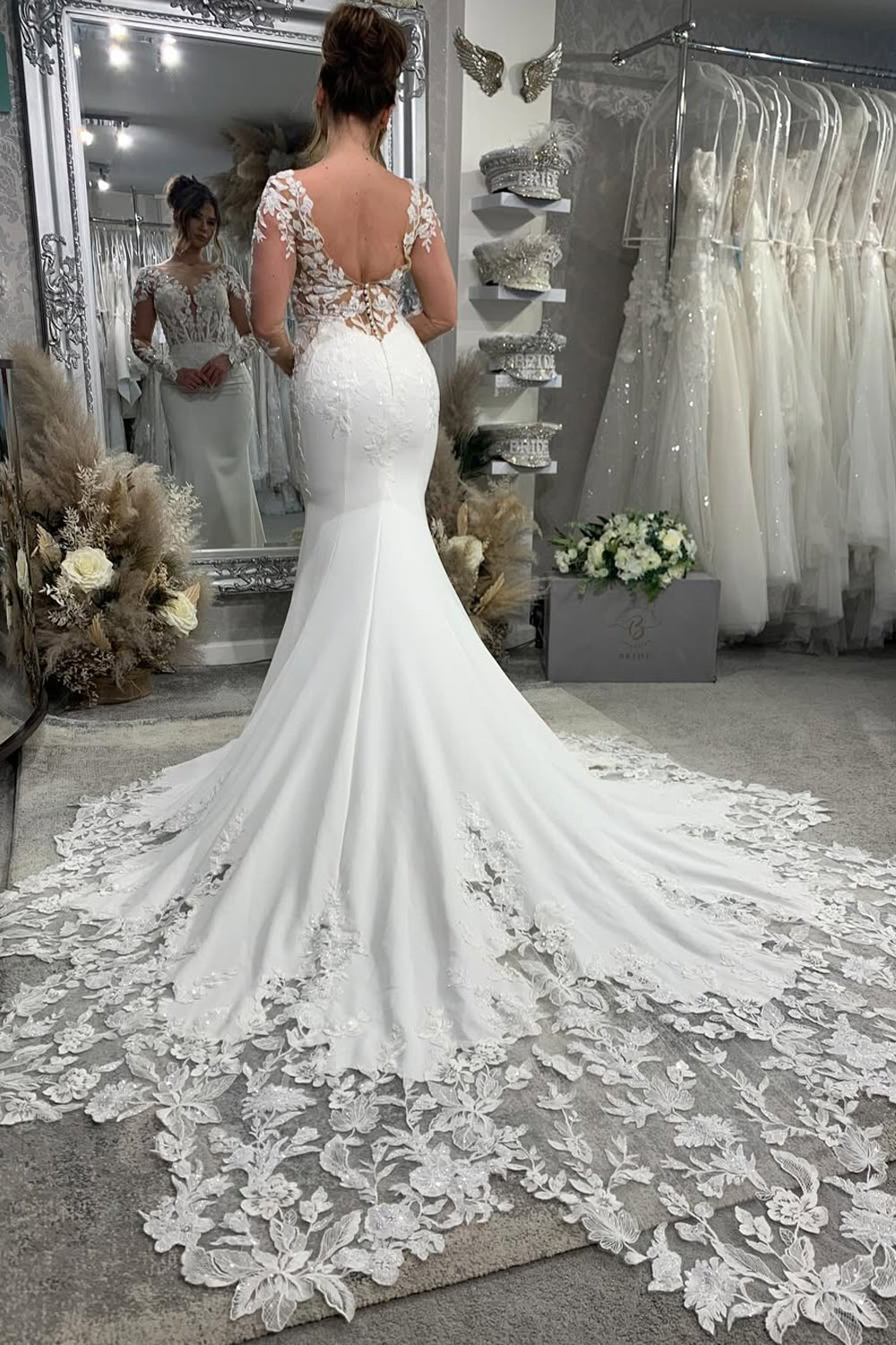 Dazzling Mermaid V Neck Elastic Satin Wedding Dresses Gown with Appliques HS834