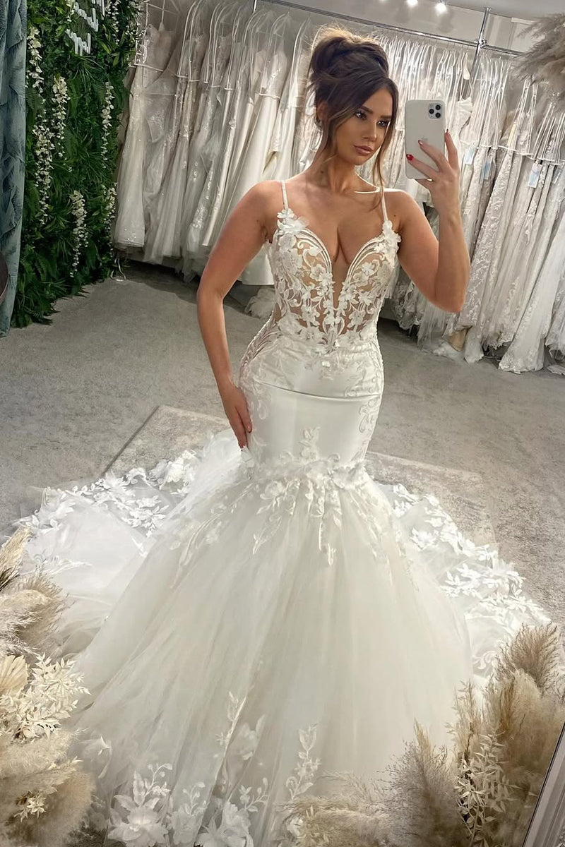 Dazzling Mermaid V Neck Tulle Long Wedding Dresses Gown with Appliques HS810