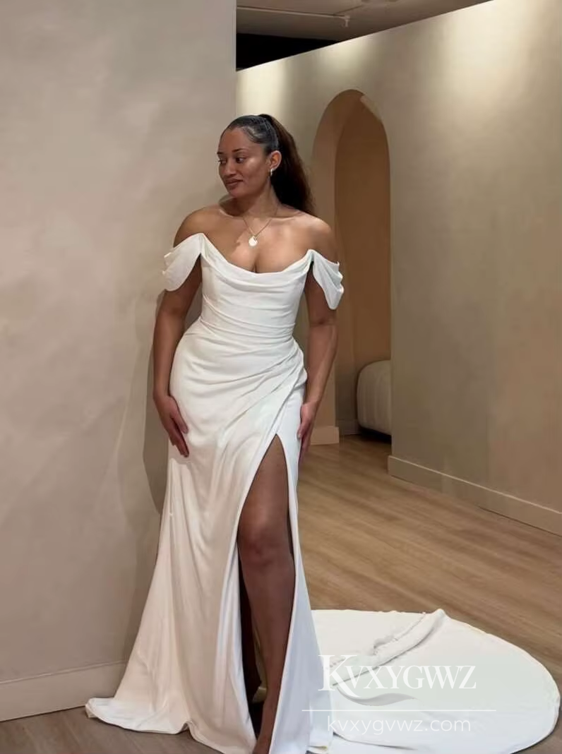 Modern Off-Shoulder Satin A-Line Wedding Dress with High Slit for a Chic Bridal Gown HS464