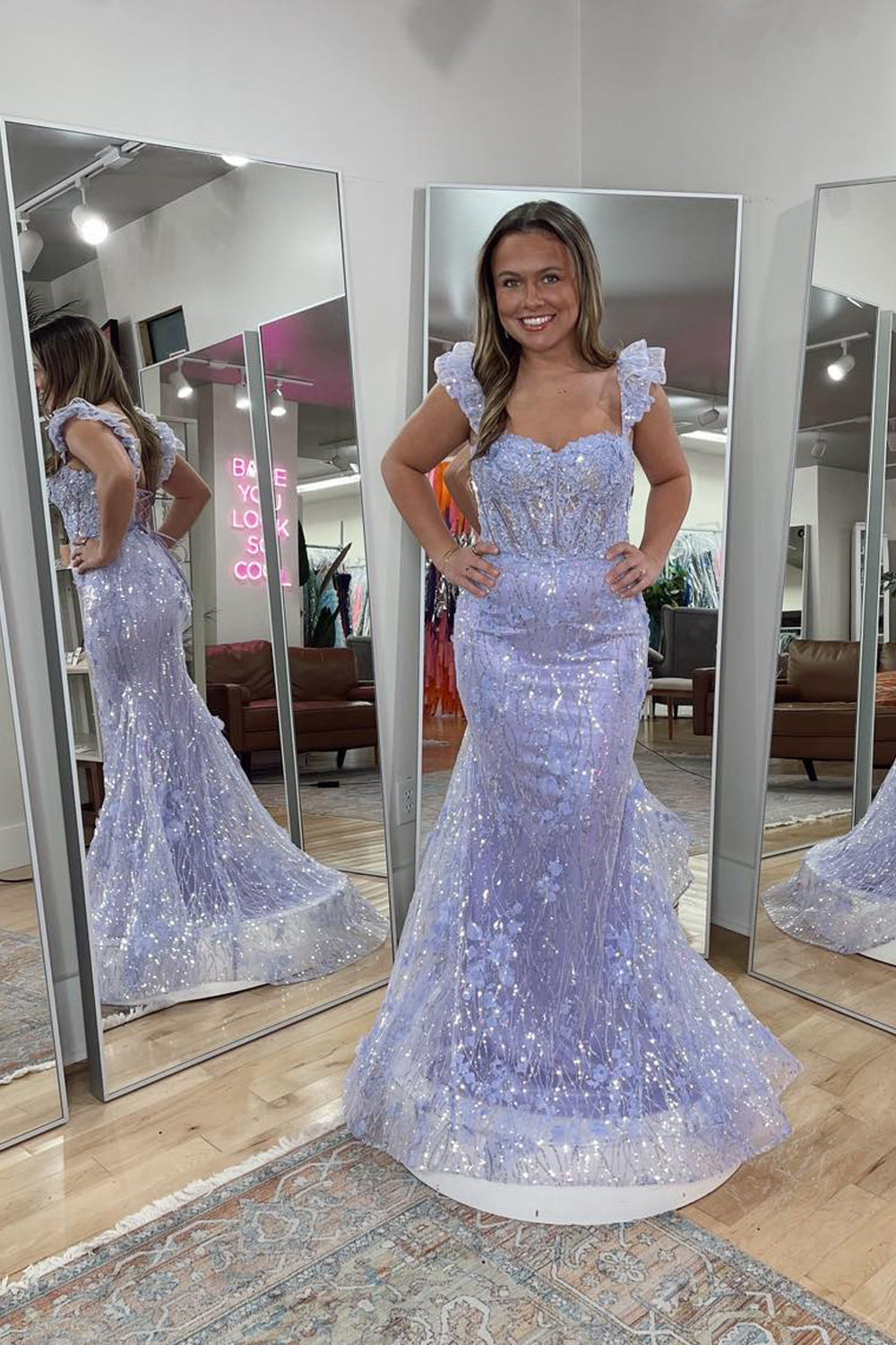 Mermaid Off the Shoulder Lavender Sequin Lace Prom Dress Gown LF1237