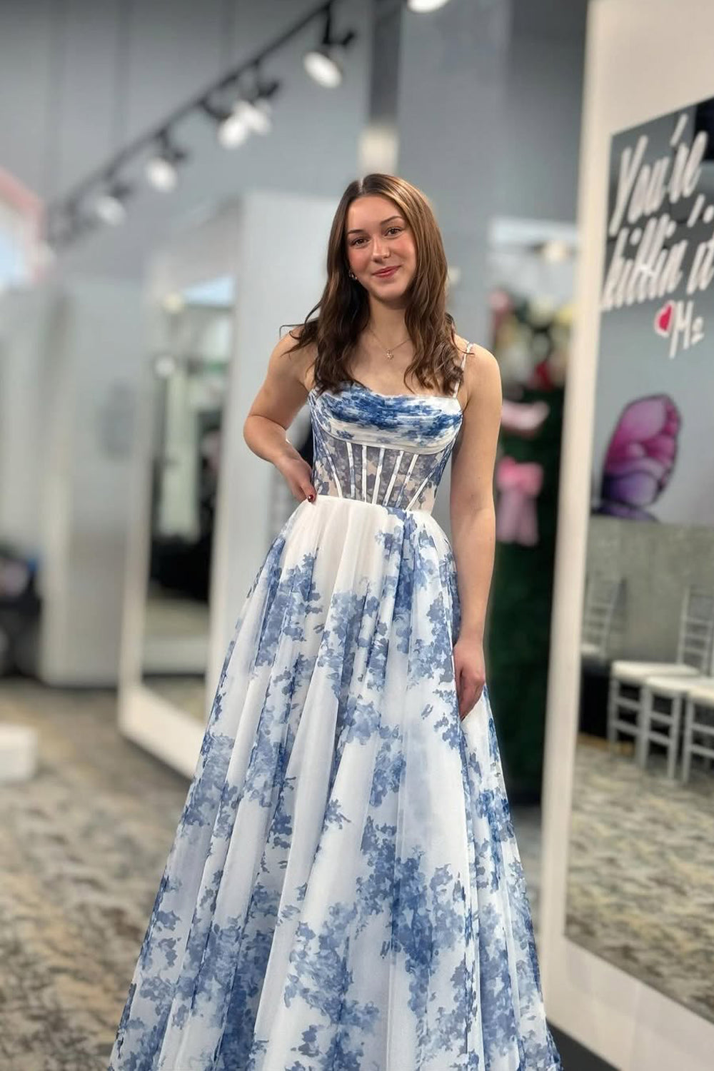 A-Line Scoop Neck Blue Floral Printed Long Prom Dress Gown LF1326