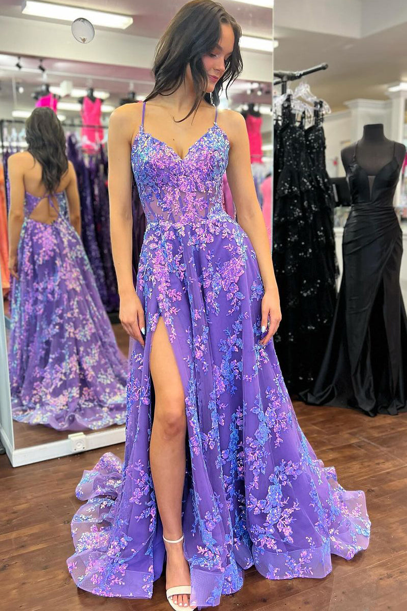 Stunging A Line V Neck Purple Sequins Lace Long Prom Dress Gown with Slit LF1203
