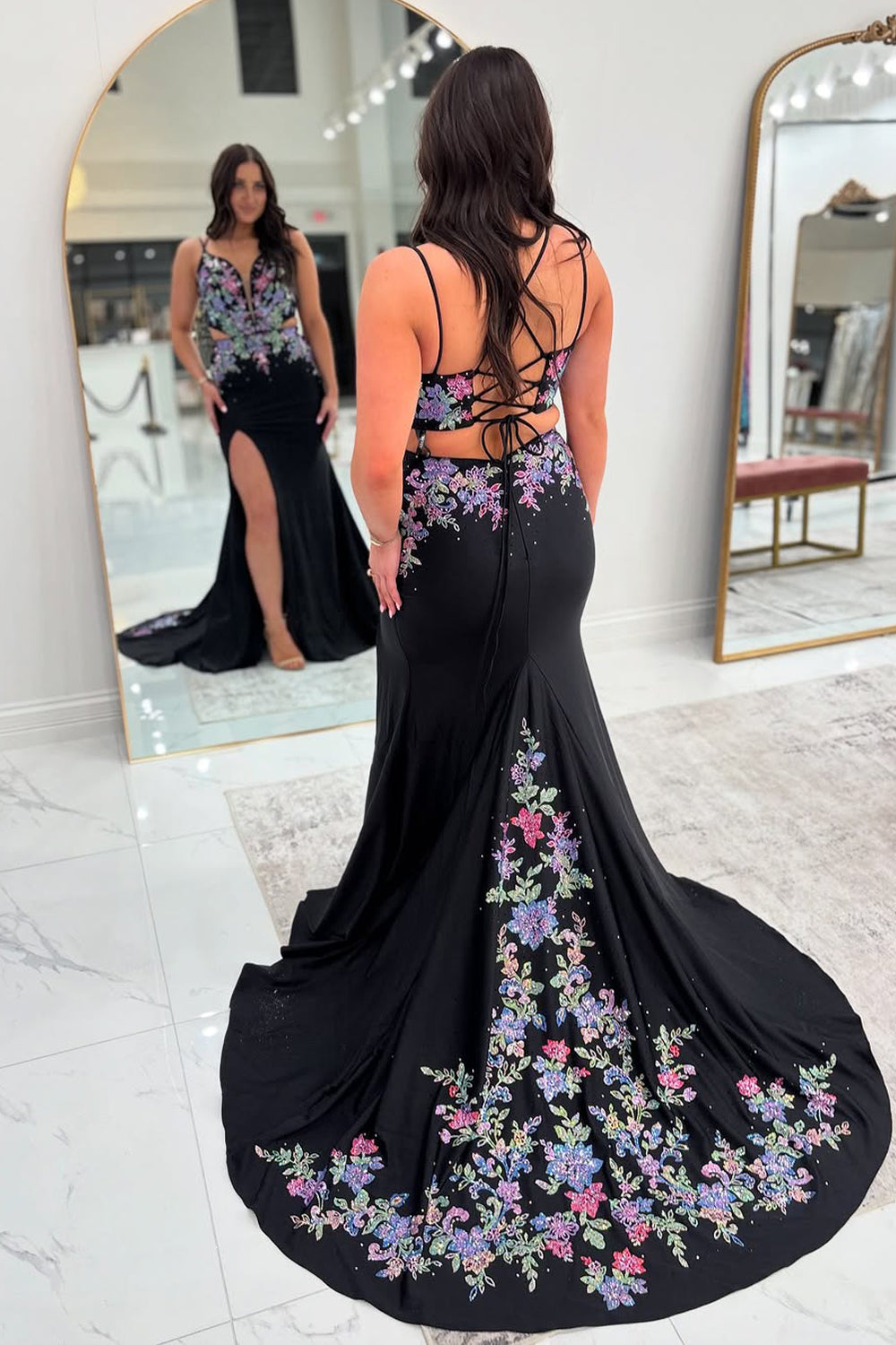 Mermaid V Neck Black Satin Embroidery Long Prom Dress Gown with Slit LF1295