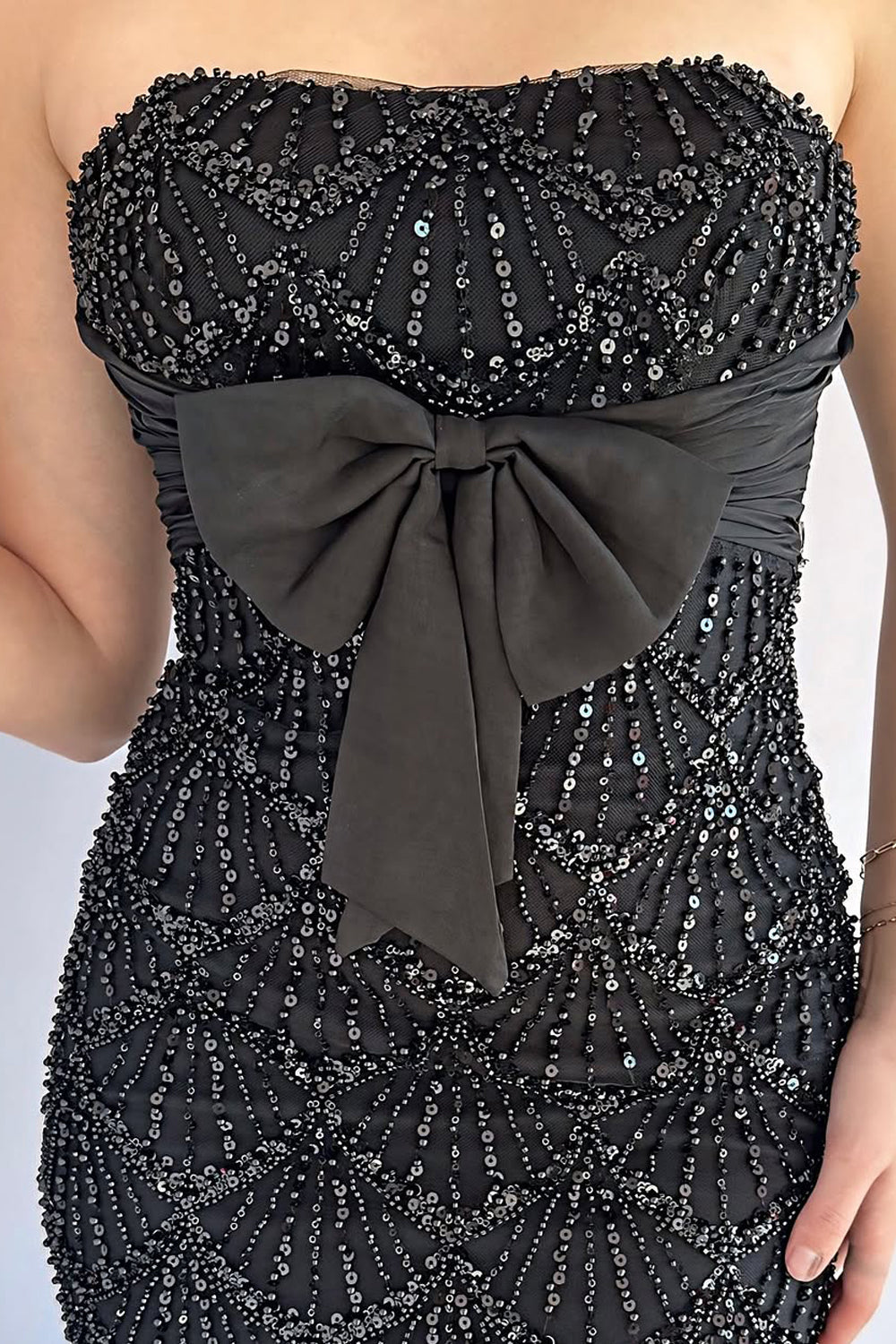 Mermaid Strapless Black Sequins Long Prom Dress Gown with Bowknot LF1406