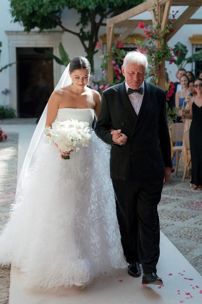 A-Line Strapless Satin Wedding Dresses Gown with Feather HS734