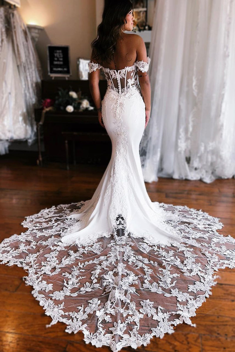 Bohemain Mermaid Sweetheart Elastic Satin Wedding Dresses Gown with Appliques HS760