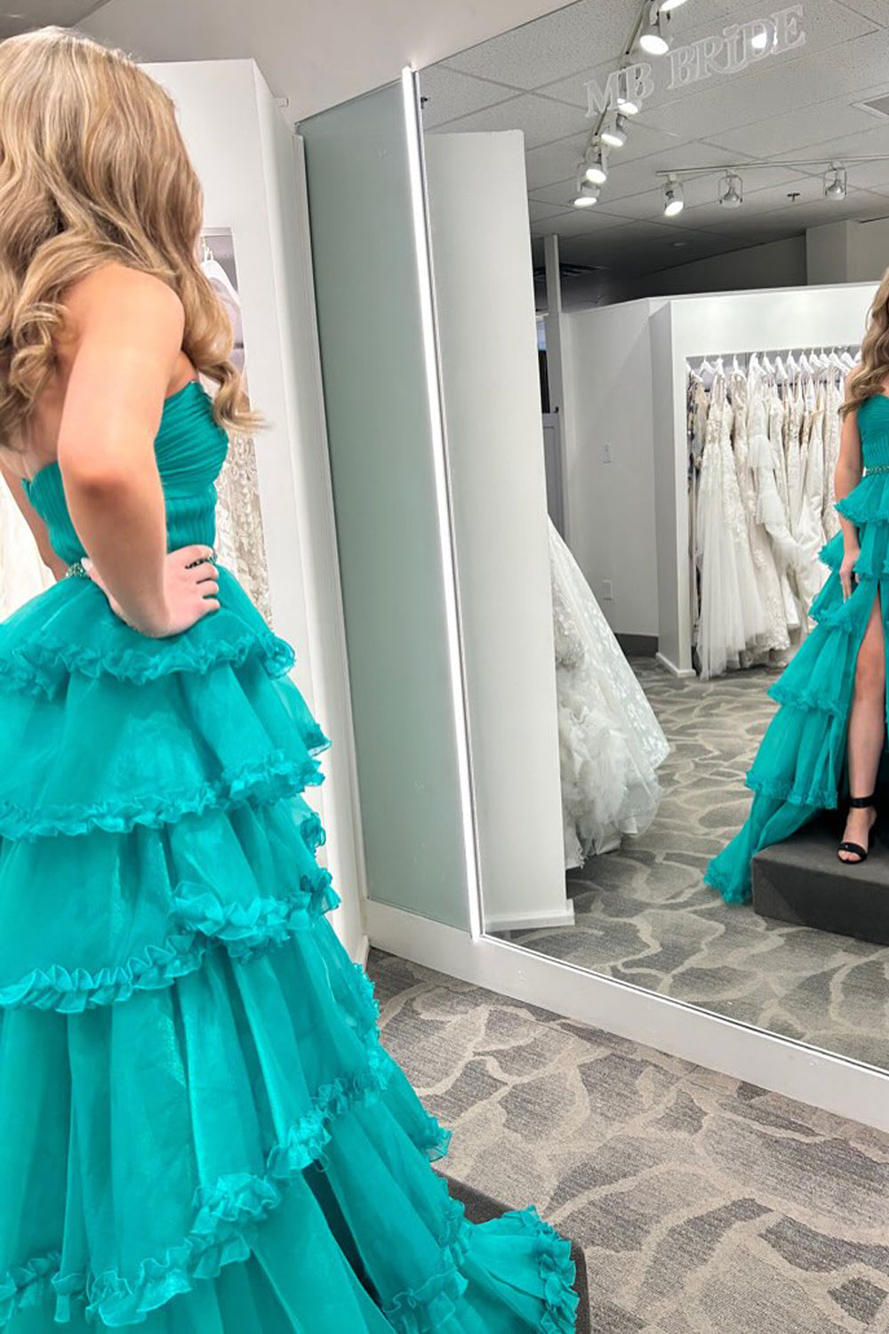 A-Line Strapless Green Ruffle Tiered Long Prom Dress Gown with Slit LF1410
