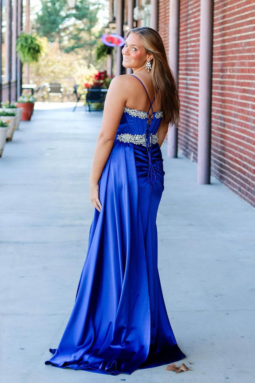 Stunging Mermaid V Neck Royal Blue Satin Slit Prom Dress Gown with Beading