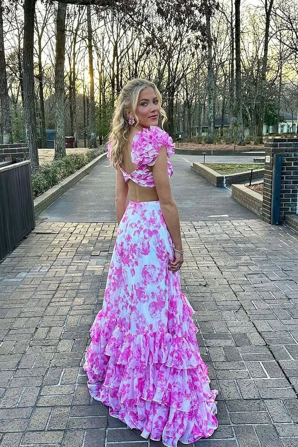 A-Line V Neck Pink Floral Printed Long Prom Dress Gown with Ruffle Slit LF1367