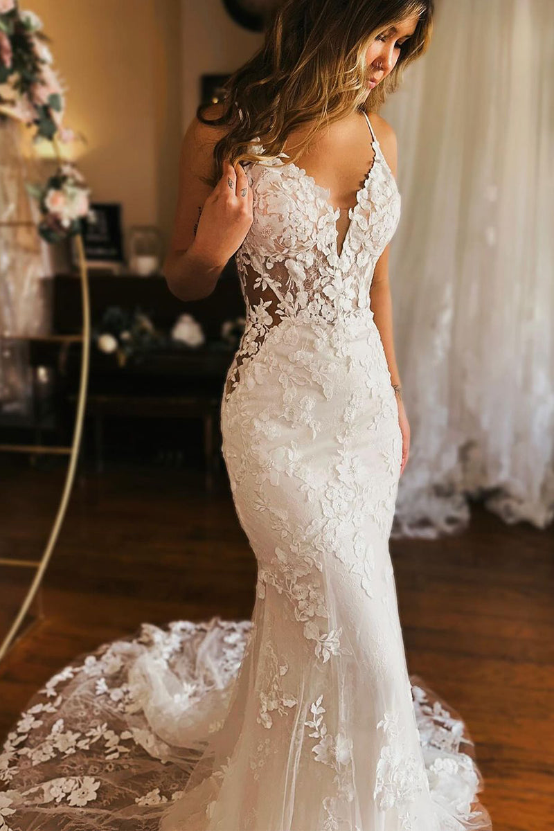 Elegant Mermaid V Neck Lace Wedding Dresses/Gowns HS24012001