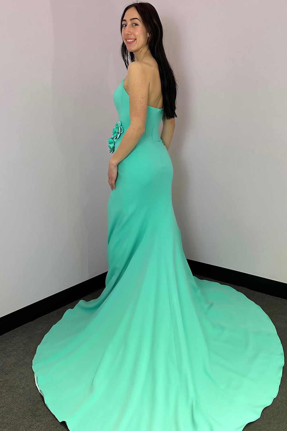 Mermaid Strapless Mint Satin Long Prom Dress Gown with Slit LF1214