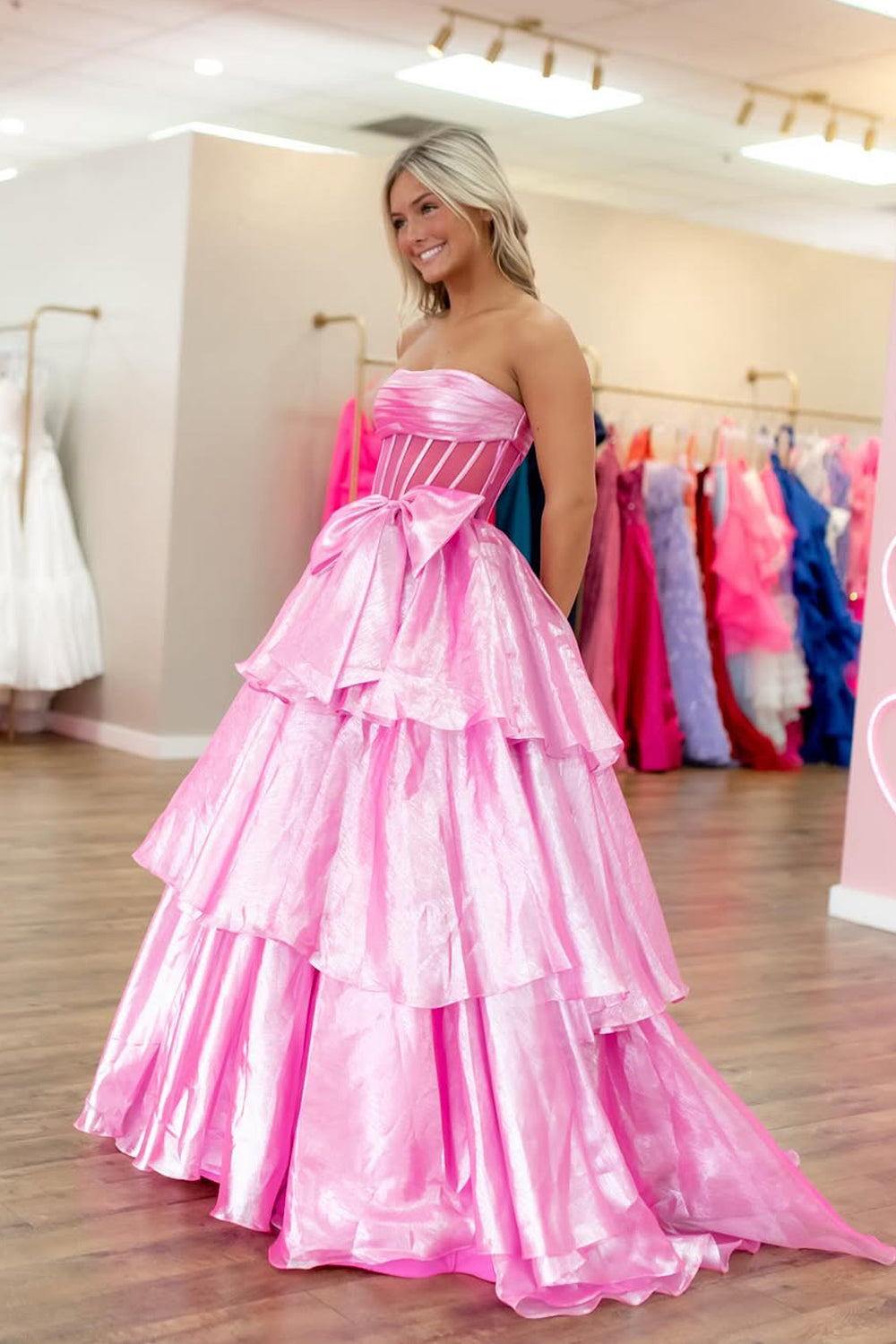 Ball Gown Strapless Pink Organza Ruffle Tiered Long Prom Dress Gown with Bowknot LF1339