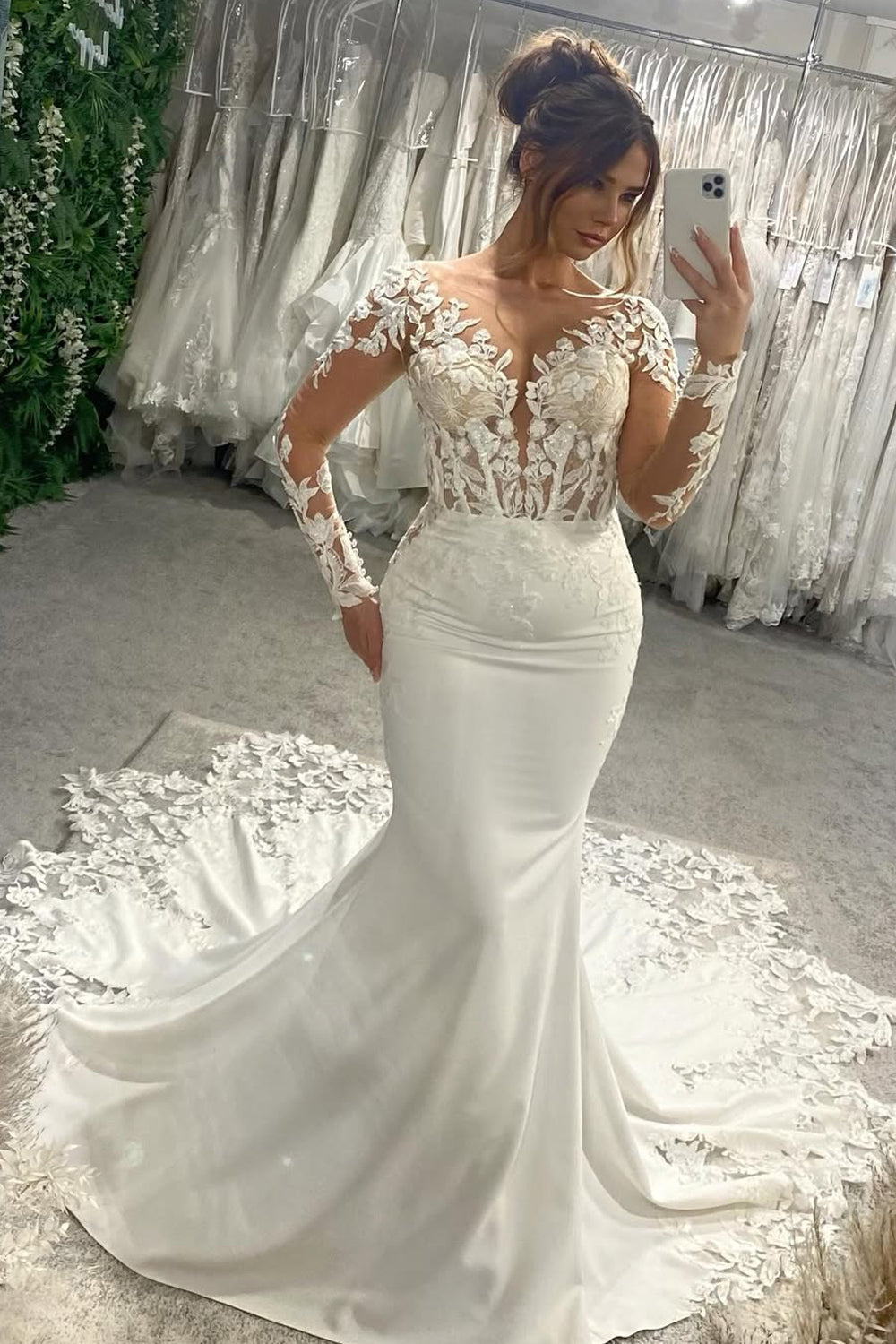 Dazzling Mermaid V Neck Elastic Satin Wedding Dresses Gown with Appliques HS834