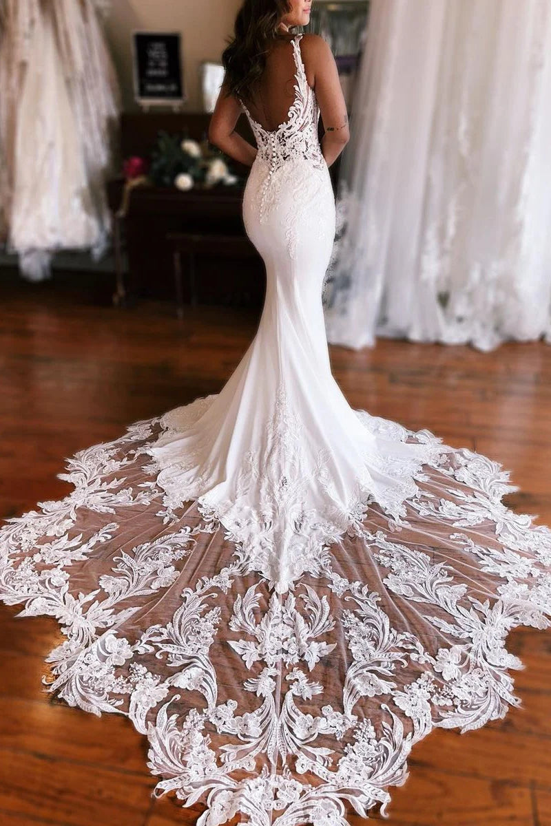 Fashion Mermaid V Neck Elastic Satin Long Wedding Dresses/Gowns with Appliques HS240100507