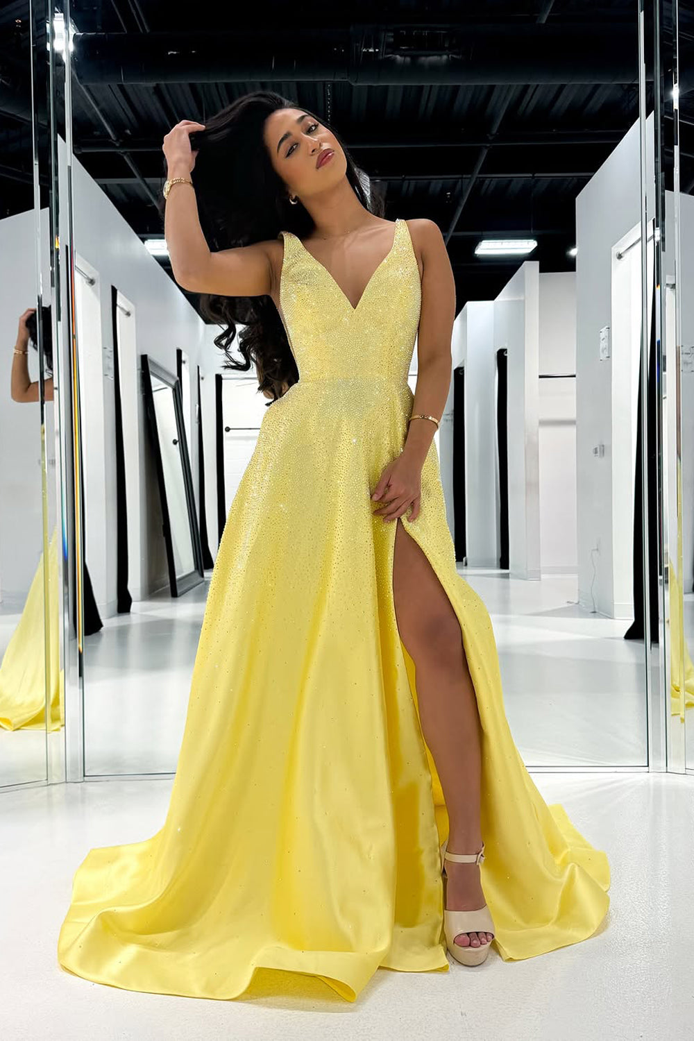 A-Line V Neck Yellow Beads Long Prom Dress Gown with Slit LF1271