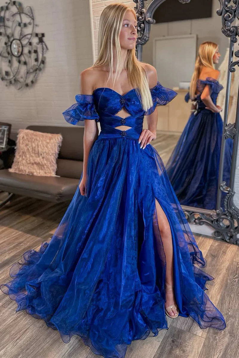 Fairy A Line Sweetheart Royal Blue Organza Slit Prom Dress Gown with Beading LF1364