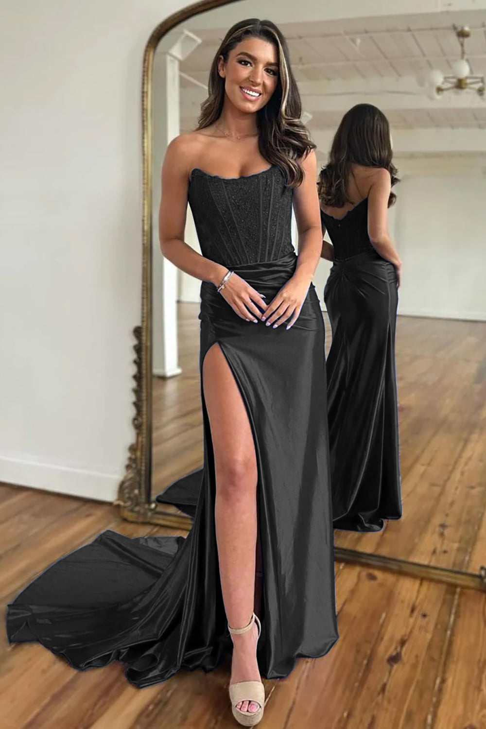 Fuchsia Conspicuous Sheath Corset Long Prom Dress Gown with Slit LF1345