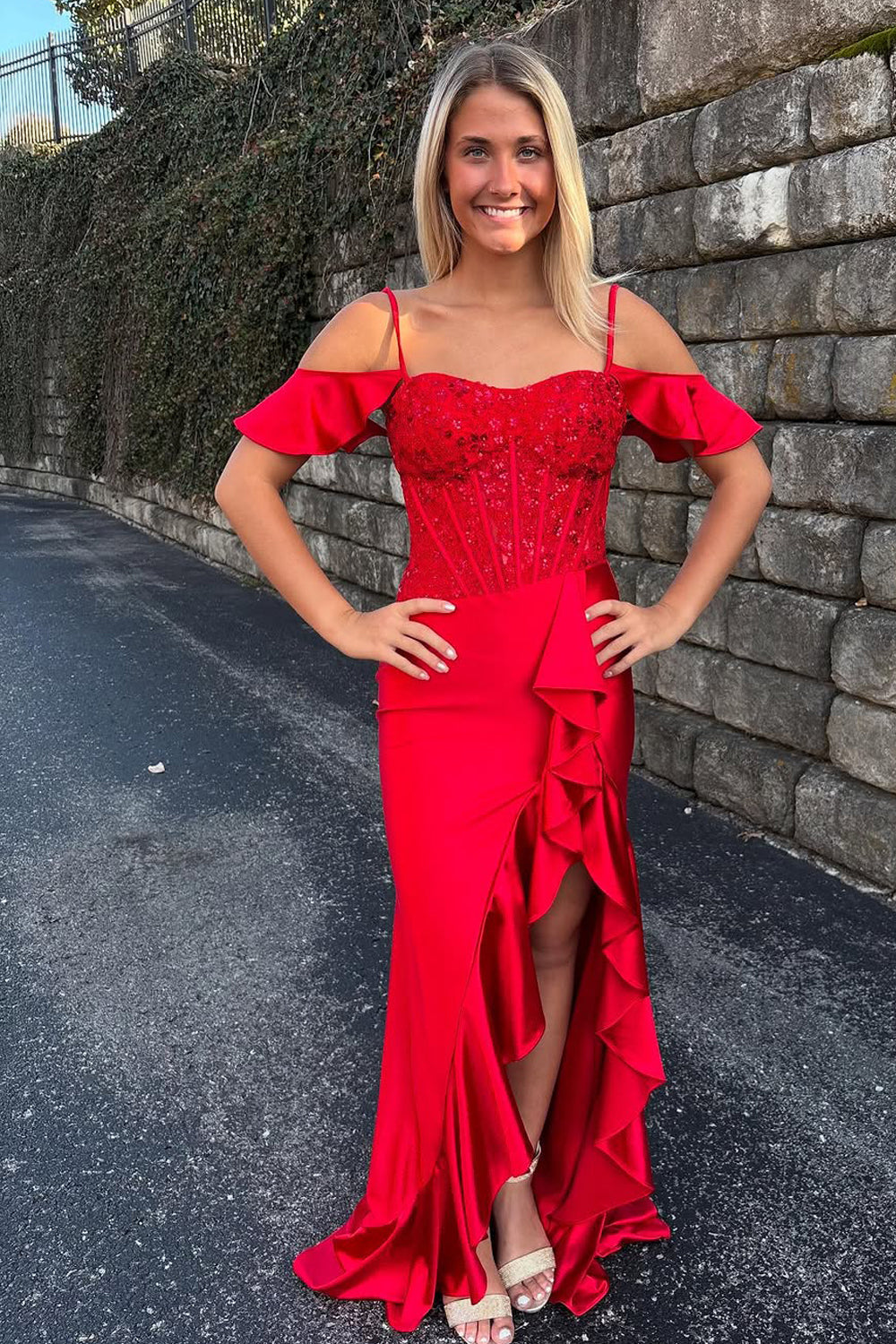 Mermaid Cold Shoulder Red Satin Long Prom Dress Gown with Ruffle Slit LF1338