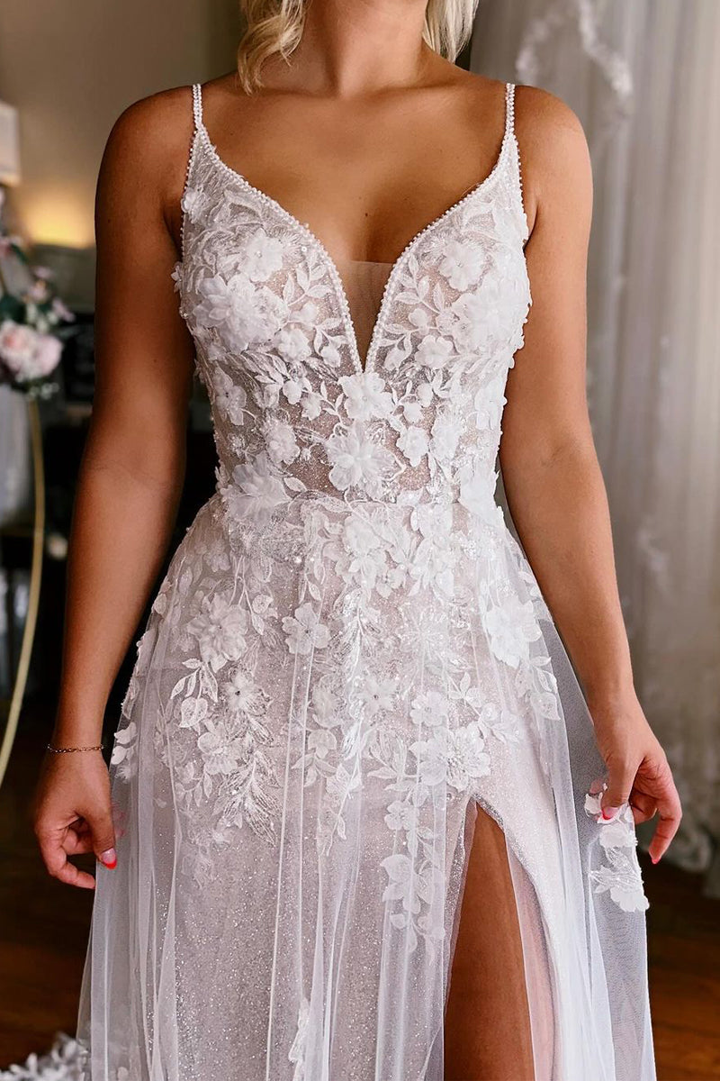 A-Line V Neck White Tulle Wedding Dresses Gown with Appliques HS736