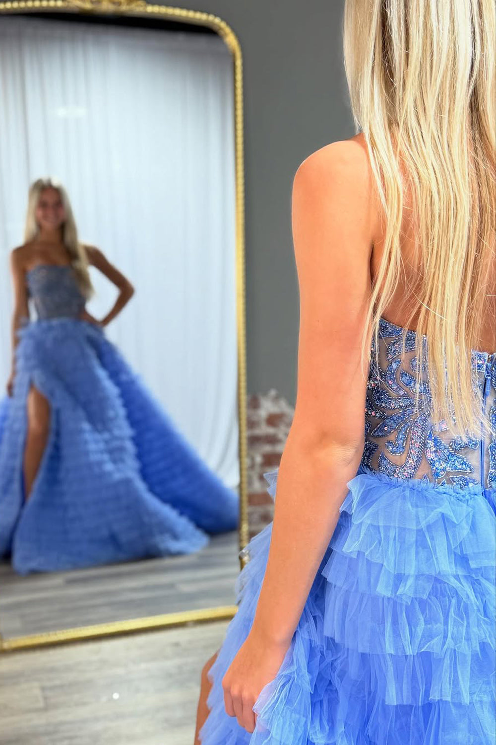 Dazzling Ball Gown Strapless Blue Tiered Tulle Prom Dress Gown with Beading LF1353