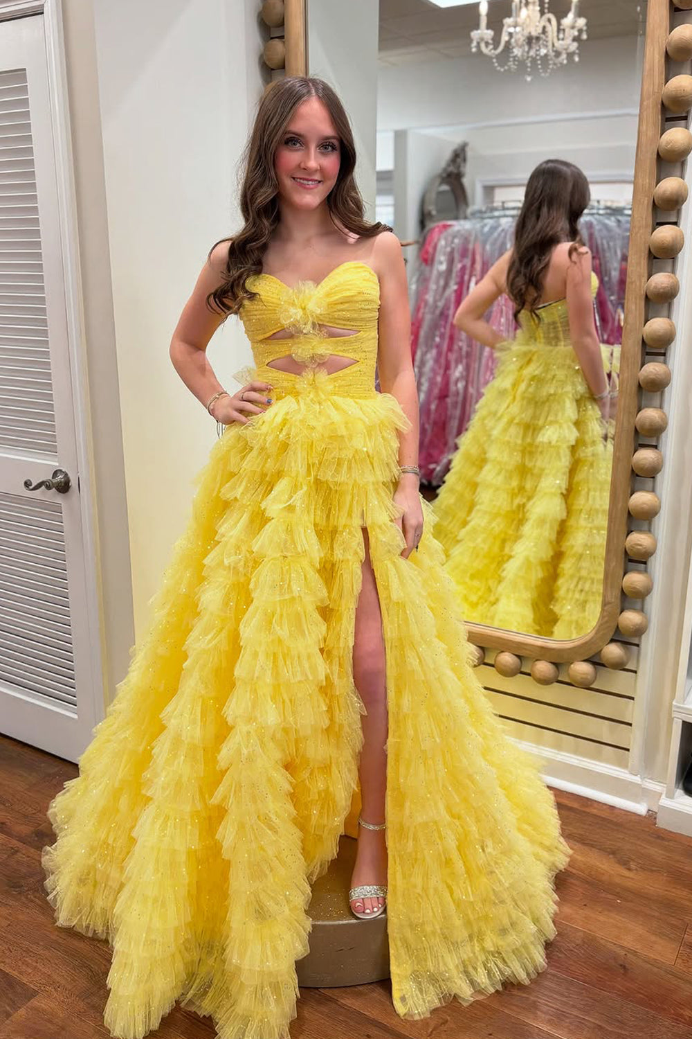 A-Line Strapless Yellow Ruffle Tiered Tulle Long Prom Dress Gown with Slit LF1408