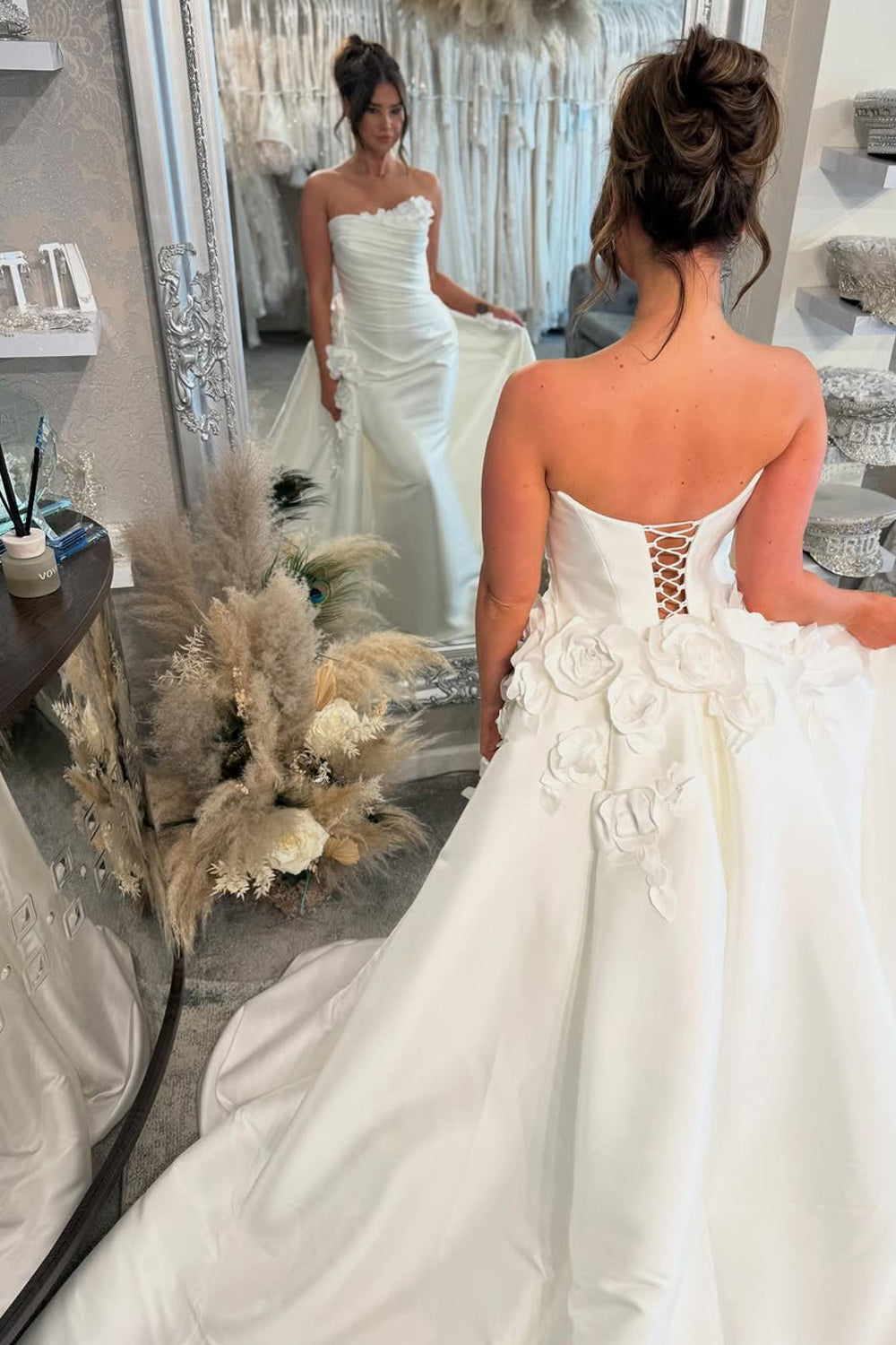 Dazzling Mermaid Strapless Satin Wedding Dresses Gown with Flowers HS793